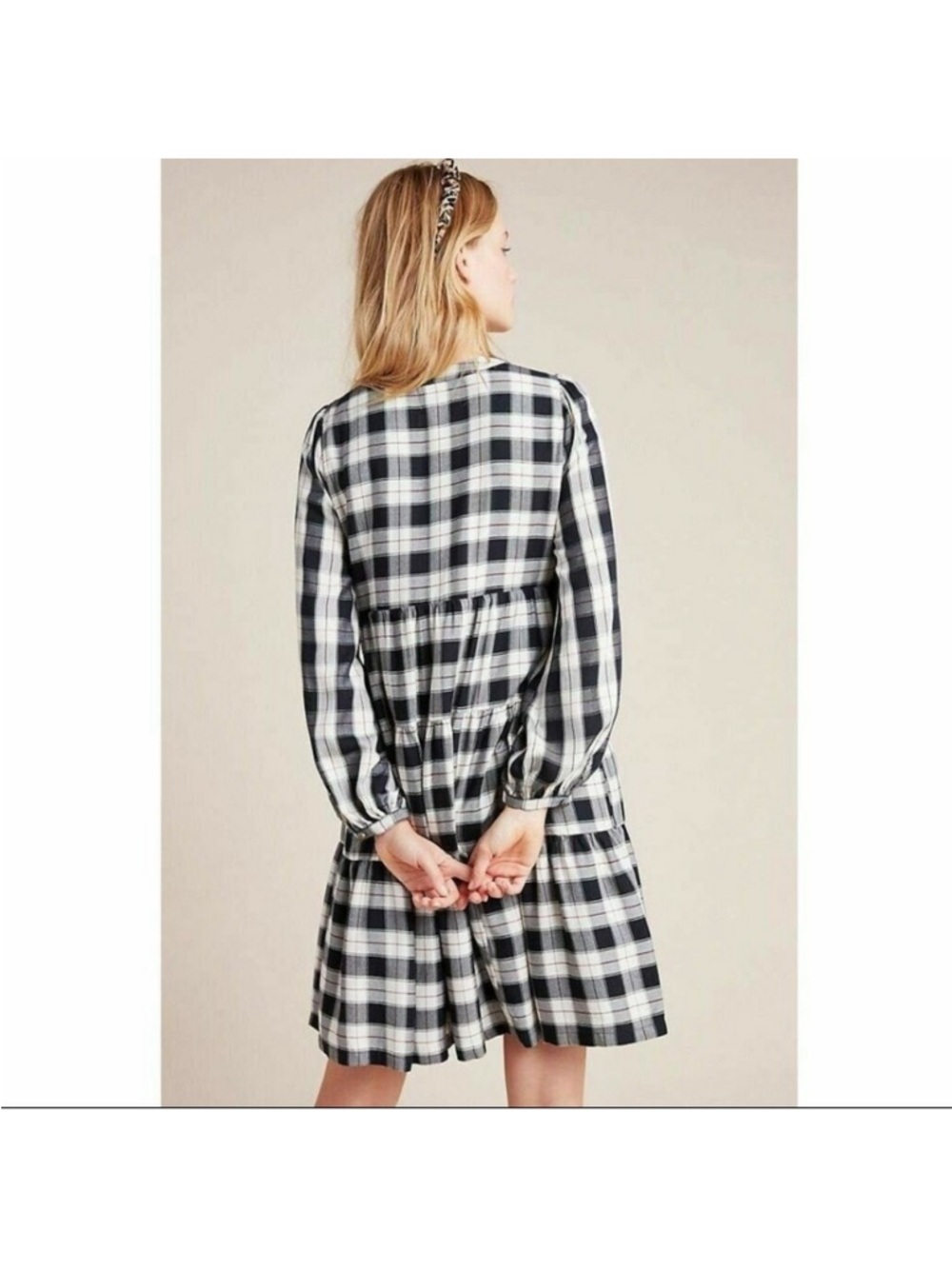 Anthropologie Maeve Black and White Plaid Tiered V-Neck Long Sleeve Dress - Picture 4 of 9